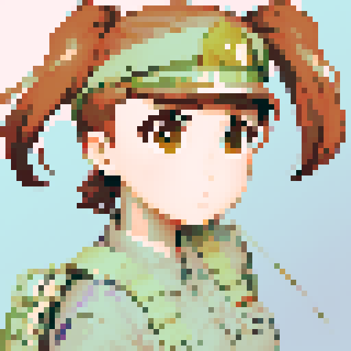 combat green uniform, army, cute girl, brown hair, brown eyes