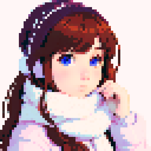 portrait, sprite art, young woman, cute, soft eyes, autistic, cozy winter, white scarf, shy, timid
