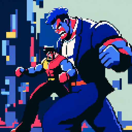 cartoon character with bulging muscles, wearing a vibrant blue suit, throwing a powerful punch at a menacing, wide-eyed evil villain with sharp teeth, in a dynamic pixelated scene with bold, contrasting colors inspired by sRGB