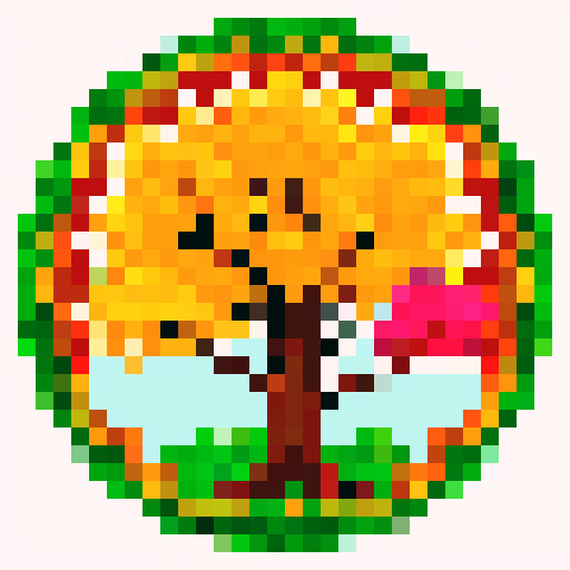 Colorful tree, vibrant leaves, intricate branches, 32x32 pixel style, with a whimsical twist, for a badge in a video game, capturing the essence of nature in pixel art, sRGB