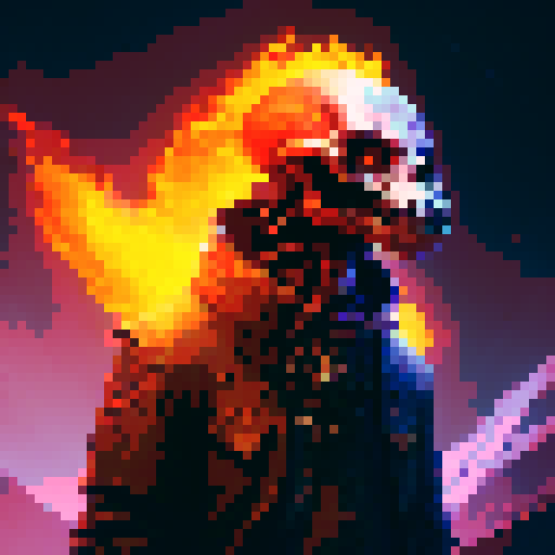 Skeleton engulfed in roaring flames, pixelated profile picture, capturing the essence of a fantasy RPG