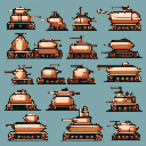 simple, geometrical copper pieces from a tank. Steampunk. It should be seen from the left side with no perspective, on a solid-color background. There should one be two or three pieces in each frame, it shouldn't be complete.
