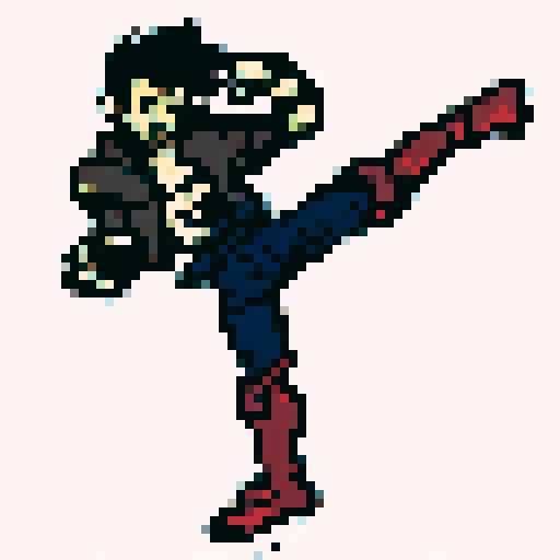 Denim-clad punk thug executes a stylish high kick, grunting fiercely, sporting a gray jacket, blue pants, and brown boots, with an edgy art style.