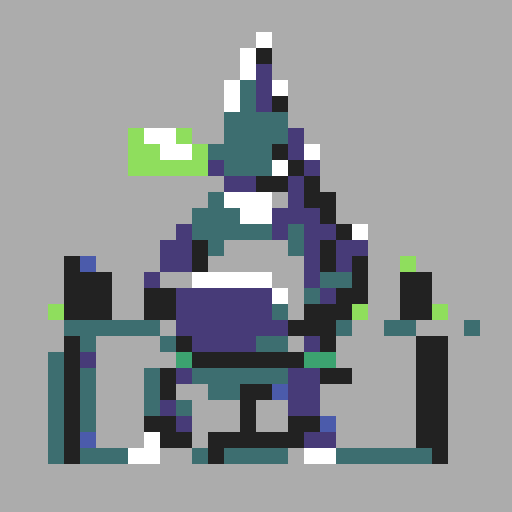 shark, desk, laptop, typing, game icon, 32x32 pixel art, sRGB, skill art, close up, portrait