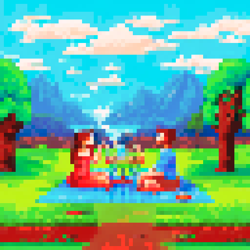 A summer picnic with tress and a sunset
