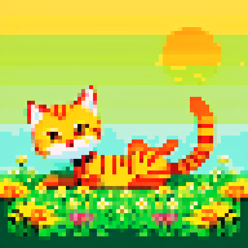 orange cat lying on the meadow, dragonfly on its head, warm summer sun, warm tones