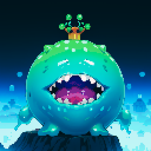 Blue Slime cube, Gelatinous cube, wearing crown, giant Slime, boss fight