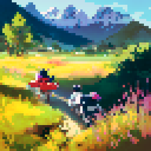 Playful, energetic dog, running through a vibrant, sun-drenched meadow, surrounded by colorful wildflowers, with a majestic mountain range in the background