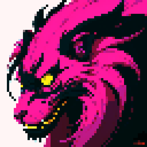 black chimera, vibrant colors, sharp edges, dynamic poses, intricate details, glowing eyes, fierce expression, mystical aura, contrasting shadows, low resolution, retro vibes, limited color palette, pixel-perfect precision, high contrast, dramatic lighting, fantastical elements
