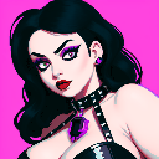 Alluring, curvy, cute busty greaser goth woman's face, whole head portrait, black hair, purple eyeshadow, red lipstick, low cut black studded leather halter top, studded collar, vibrant sRGB colors, edgy aesthetic, pixel art.