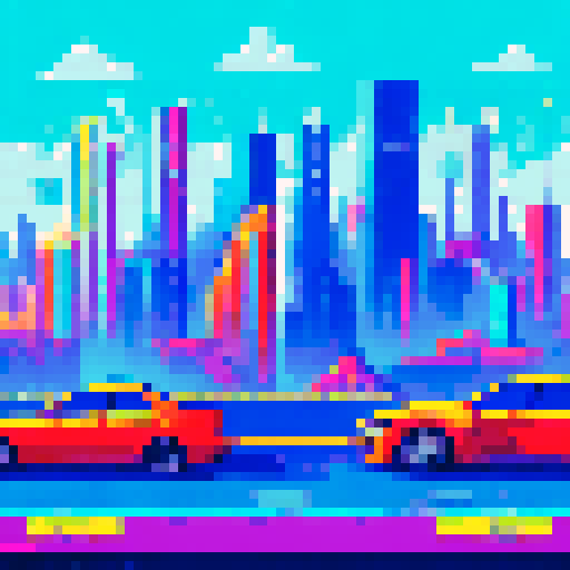 bmw cars, pixelated, vibrant colors, retro video game style, sRGB, pixel art, detailed shading, urban cityscape, futuristic skyscrapers, bustling streets, neon lights, busy traffic, sleek designs, speed and motion, dynamic angles, geometric shapes, low-poly architecture, vibrant backgrounds, energetic atmosphere, high contrast, sharp edges, digital aesthetics, futuristic technology