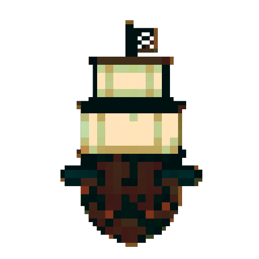 32x32 pixel art, pirate ship sprite, high top-down view, facing North, simple features, large cannons and square sails, 8-bit retro style, limited color palette, clean outlines, for a pirate MMO game.