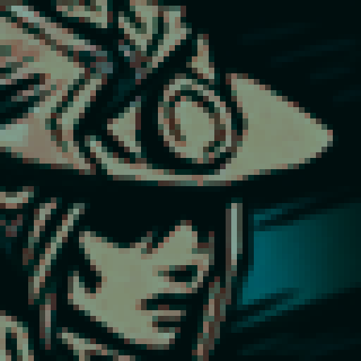 A sharp, pixelated blade slices through the sRGB-colored sky, framed by a background of jagged mountains and a sprawling landscape below, all rendered in a stunningly detailed pixel art style