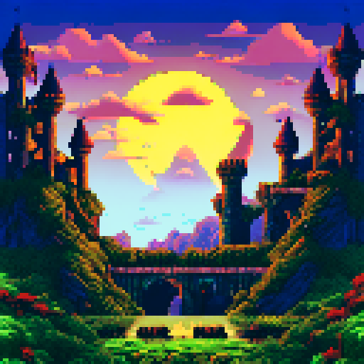 Pixel world, nature, an abandoned castle, plants, full moon, midnight, one moon, devastation, emptiness