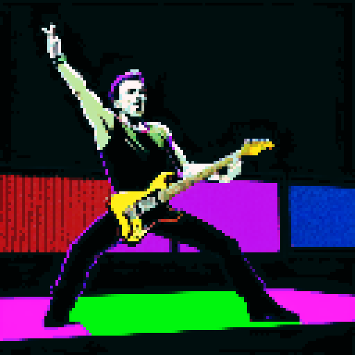 Bruce Springsteen silhouette, bold black lines, vibrant colors, pixelated style, sRGB palette, energetic stage presence, iconic guitar stance, dynamic pixel art rendition, nostalgic 8-bit graphics, electric atmosphere, captivating stage lighting, pixel-perfect details, retro video game vibes, crowd cheering, pulsating rock music, powerful lyrics
