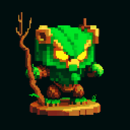 A vigilant guardian made of sturdy wood and roots, with sharp branches and glowing yellow eyes. It has a fierce expression and an imposing stance, dedicated to safeguarding the forest. No background.
