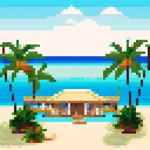 A beautiful pixelated beachside chalet, palm trees swaying in the wind, turquoise water and a sandy beach