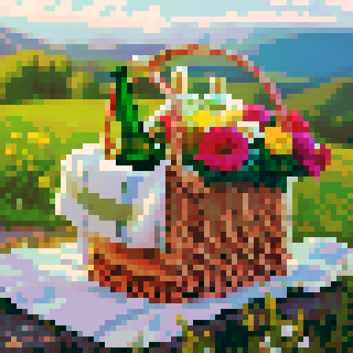 picnic basket with cloth, bouguet and green glass bottle inside
