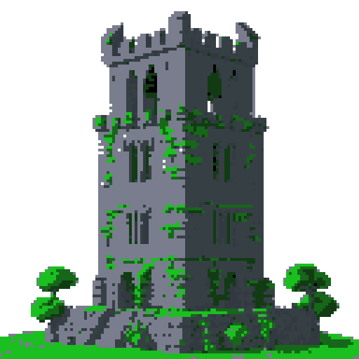 2d grey stone tower in an ancient english style. Old and crumbling but still upright. Green vines crisscross it. Usable as an asset (clear, thick lines and a white background). Put a black stroke around the composition