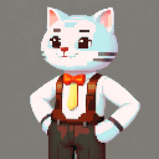 antropomorphic gray cat guy, smiling, brown pants