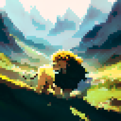 lion, majestic, mane flowing, golden fur, fierce gaze, rugged terrain, vast savannah, distant mountains, dramatic sky, surreal colors, ethereal light, soft brushstrokes, detailed features, textured background, captivating composition