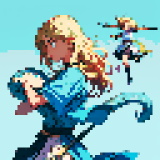 Create a detailed pixel art sprite sheet, a character that will be based on the paraguayan myth Jasy Jatere. he is a blonde boy with long hair and bright blue eyes and carries a snake headed staff. Each sprite should be contained within a box. The sheet should contain the following character actions: frames of a side-view idle, frames of a side-view running, 4 frames of side-view jumping, 5 frames of side-view throwing a spear, 5 frames of a side-view