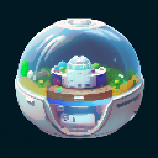 Inside of a sphere spaceship shaped like a gachapon with a clear top half looking out to space. In the middle of the room a capsule shaped container. cozy white space theme