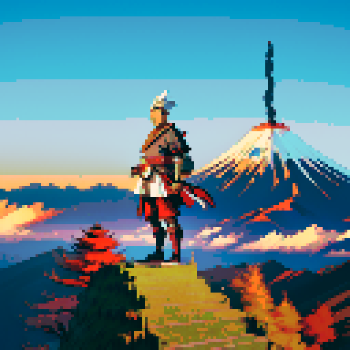 Japanese samurai, on top of mountain wih view of a shrine and Mt Fuji in the background.