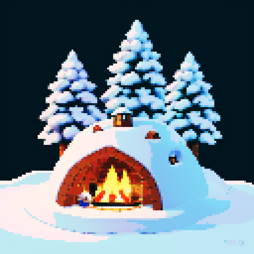 christmas-themed tiny winter town, igloo with smoke coming out, cozy fire in the day, pixel art style, winter trees surrounding, sRGB color space