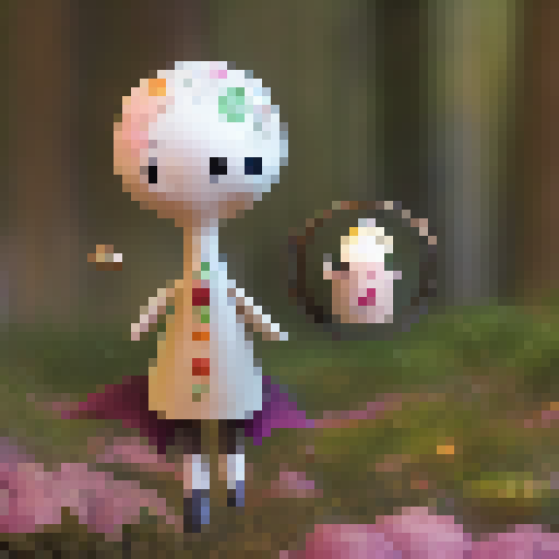 "Sack doll with button eyes and a neat mouth, clutching a glittering gemstone, stands in a mystical forest surrounded by glowing mushrooms and towering trees, with a dragon soaring in the distance."