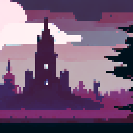 Dark, towering turrets, surrounded by a misty forest, casting long shadows against a purple-tinged sky, create an ominous and haunting landscape portrait of a mysterious castle