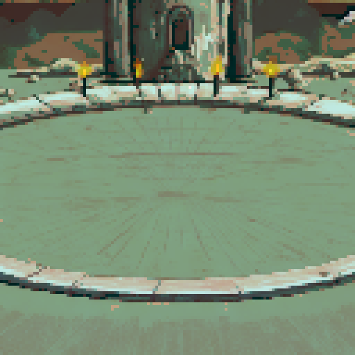 Ancient stone arena with a circular platform etched with faint lines and surrounded by torches emitting a fiery glow. Massive stone pillars frame a hooded statue at the rear, exuding a foreboding atmosphere. The muted grays and browns, combined with scattered rocks and shadows, evoke a mysterious and ritualistic setting.