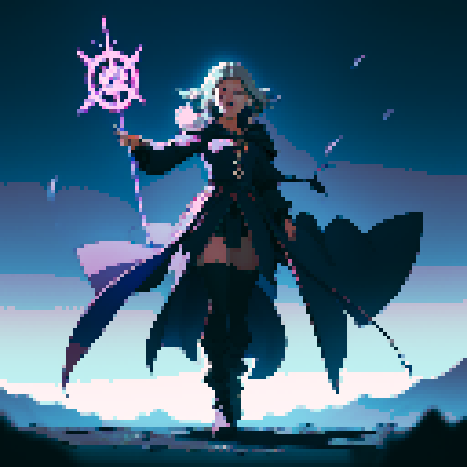 full-body image, sorceress facing right, sorceress ready to fight, evil sorceress, floating, arms out, magic circles, magic power, spell, evil sorceress, evil witch, magic symbols, ultimecia, final fantasy, sRGB, pixel art, evil outfit