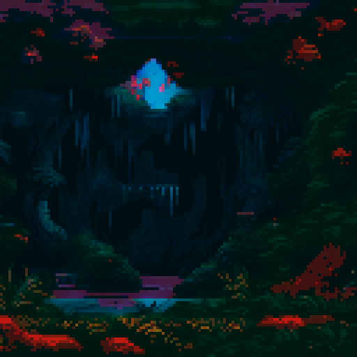 Dark looming cave entrance, glowing pinprick eyes, moss and lichen hanging, pixelated stalactites and stalagmites, sRGB pixel art, eerie background 
