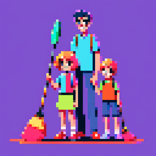 happy family of five, smiling and standing close together, with pixelated features and vibrant colors, posing in front of a sRGB background, one person holding a pixelated broom