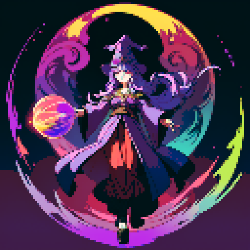 full-body art, witch, with a giant witch hat, vibrant purple robes, long flowing hair, holding a glowing crystal ball, surrounded by swirling colorful magic, casting spells in a mystical forest, with a crescent moon shining above, pixelated style with detailed shading