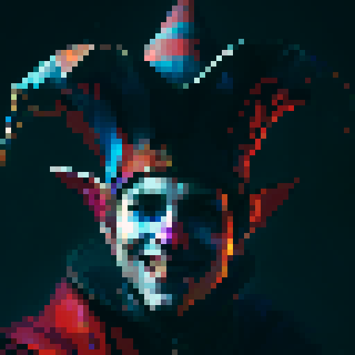 jester, vibrant colors, elaborate costume, mischievous expression, medieval backdrop