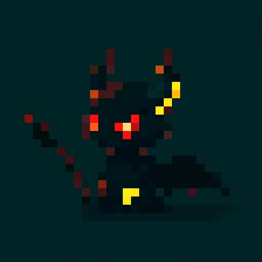 small, demonic creature, tiny horns, bat-like wings, dark red skin, glowing yellow eyes, mischievous grin, long, pointed tail, pixel art, sRGB
