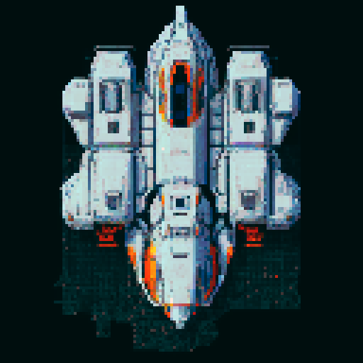 2d Spaceship in empty space, metallic exterior, retro aesthetic, pixelated details,blinking lights, wireframe outlines, geometric shapes, low-resolution textures, pixel art style, sRGB color space View from above.  For a spaceship designed for stealth or reconnaissance missions, use dark grays, deep blues, and black, with minimal highlights in red or orange for the thrusters and running lights. This palette suggests a more militaristic or secretive function.