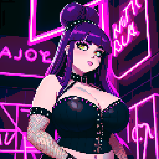 Portrait of Thicc, curvy, busty goth babe with studded collar, long purple hair in buns, fishnet stockings, studded halter top, dancing on nightclub, neon signage. pixel art, sRGB. 