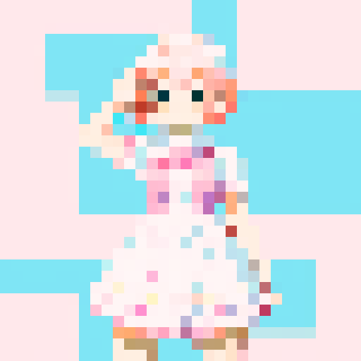 shy anime girl with pastel pink hair, wearing a frilly white dress, waving in a vibrant pixel art scene with a sRGB color palette