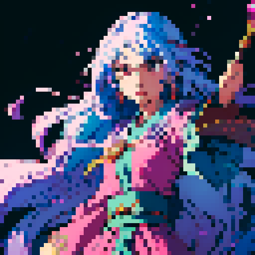 legendary anime girl wizard, long flowing hair, vibrant and dynamic colors, glowing magical staff, intricate and ornate robes, intense and focused expression, sparkling and shimmering background, detailed and precise pixel art