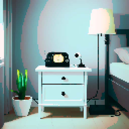 White nightstand, old black telephone, lamp