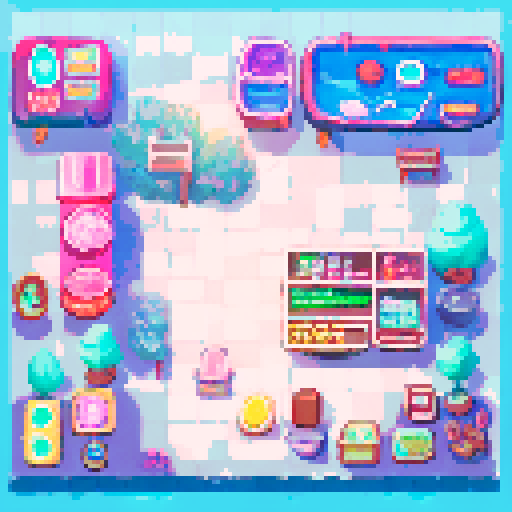 Convenience store checkout, colorful snacks, vibrant sodas, flickering neon lights, landscape portrait