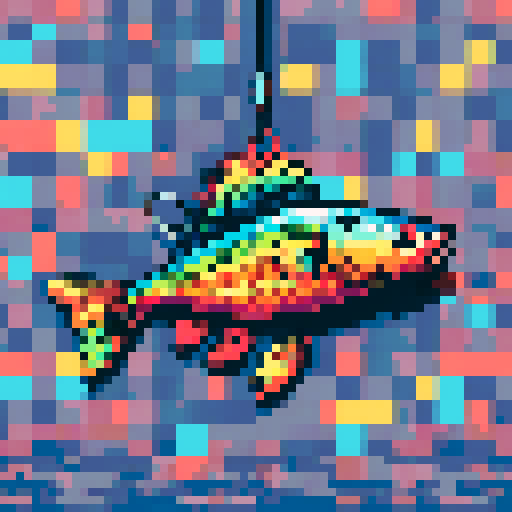 fishing lure, vibrant colors, pixelated details, sRGB, retro aesthetic, intricate design, sparkling reflections, lifelike textures, exaggerated shadows, whimsical charm