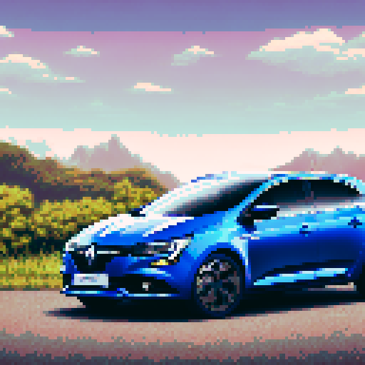 Photorealistic whole Renault Megane, centered, three-quarter view, right front wheel, clean background, sRGB colors, pixel art style