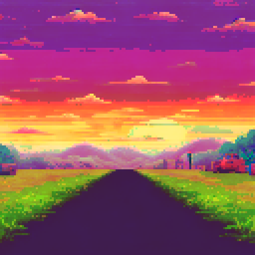 Purple sunset with green fields next to a highway with someone driving a pick up truck
