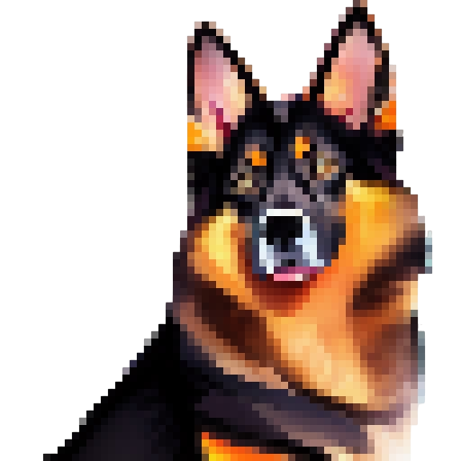 Fluffy black and tan fur blowing in the wind against a colorful sunset backdrop, a regal and alert German Shepherd gazes out in profile with ears perked up