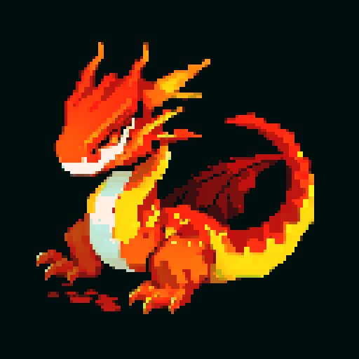 A large, intimidating dragon engulfed in flames. Its scales are a deep crimson, with glowing embers scattered across its body. It has fierce, blazing eyes and an aggressive expression, ready to unleash torrents of fire. No background.
