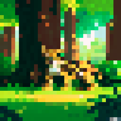 a cute jaguar in the forest. the scenery have two big trees, one at each side. the sky have a bright yellow sun
